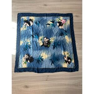 Vintage Silk Panda Scarf Blue Bamboo Animal Print Square Scarf 100% Silk